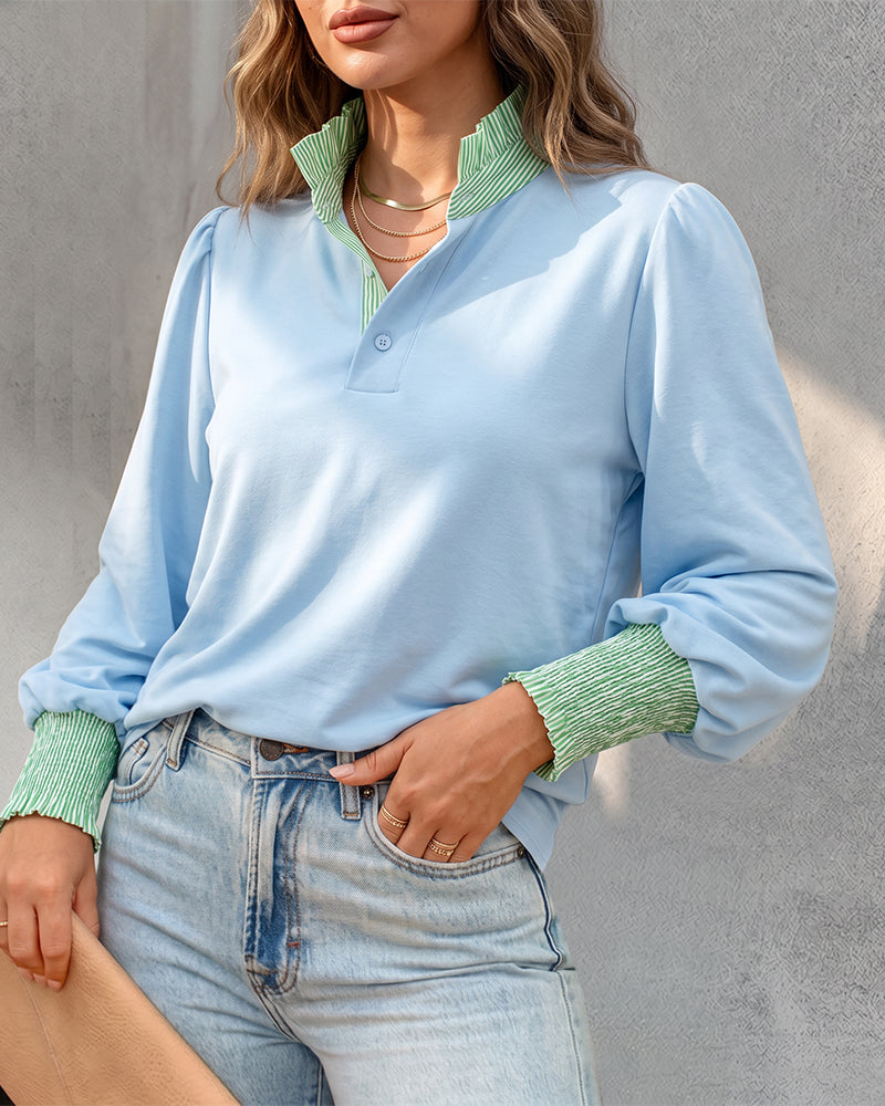 Lantern-Sleeve Shirred Contrast Blouse