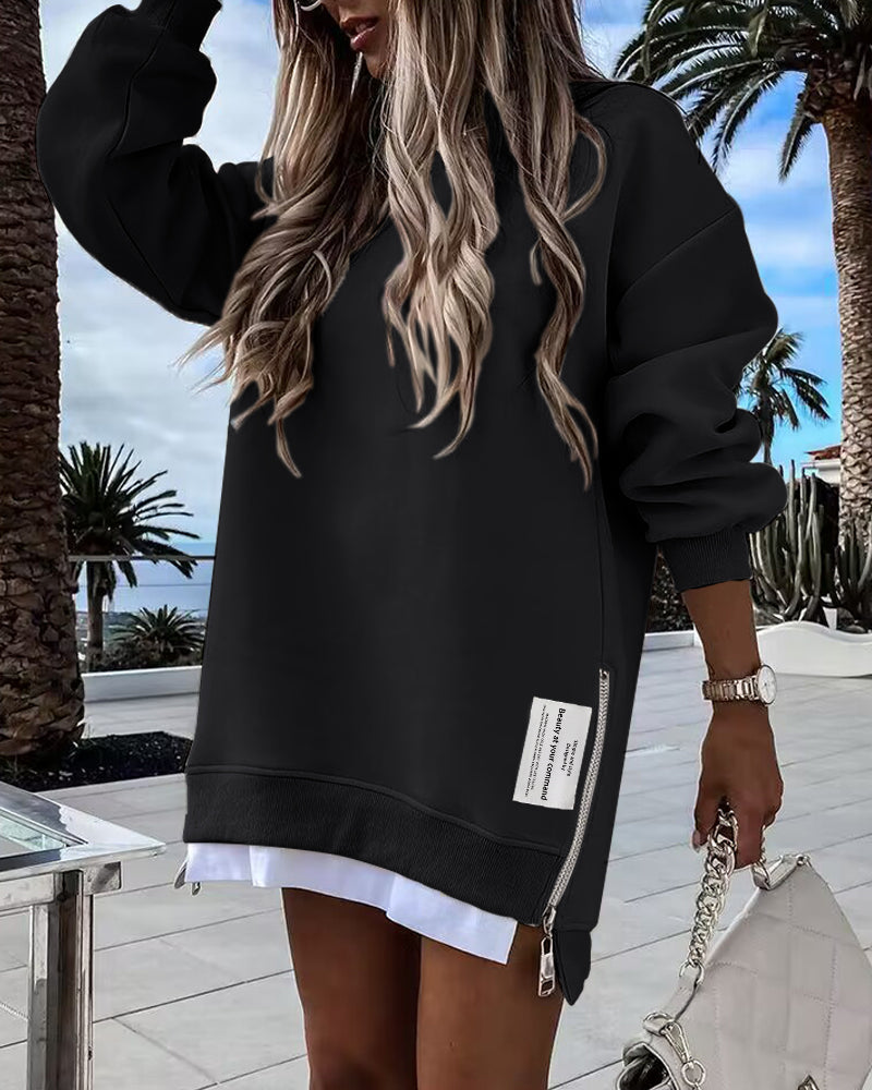 Drop-Shoulder Slit Zip Sweatshirt