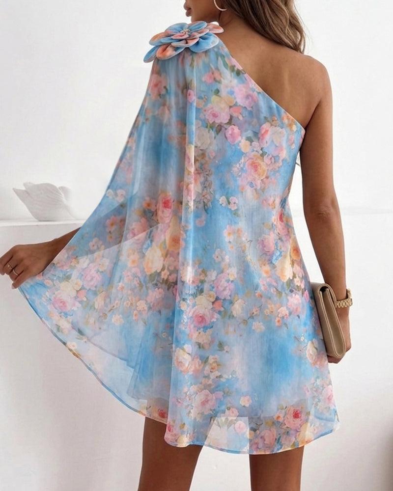 Floral Chiffon One-Shoulder Mini Dress