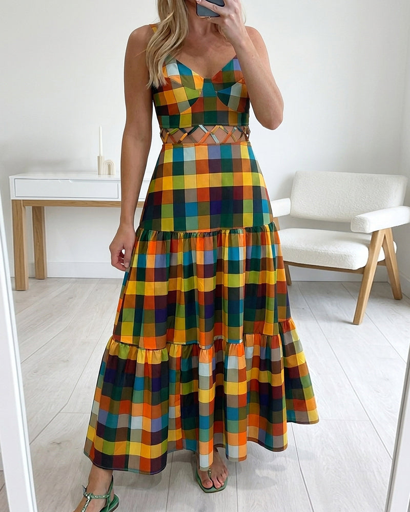 Colorblock Plaid V-Neck Maxi Dress
