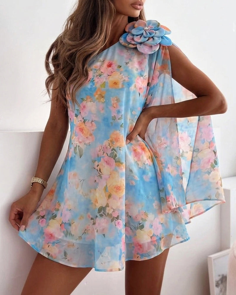 Floral Chiffon One-Shoulder Mini Dress