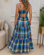 Colorblock Plaid V-Neck Maxi Dress