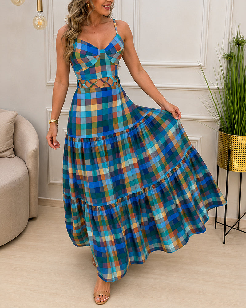 Colorblock Plaid V-Neck Maxi Dress