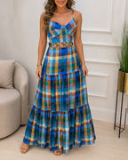 Colorblock Plaid V-Neck Maxi Dress