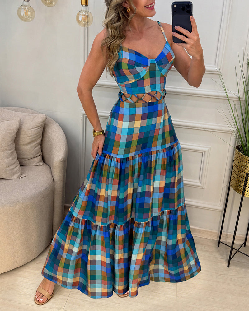 Colorblock Plaid V-Neck Maxi Dress