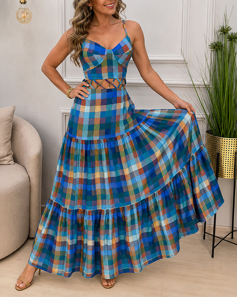 Colorblock Plaid V-Neck Maxi Dress