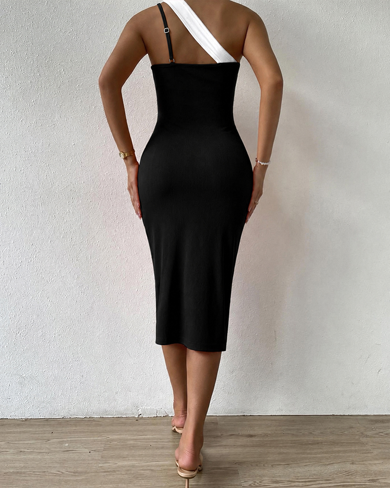 Colorblock One-Shoulder Wrap Midi Dress