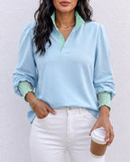 Lantern-Sleeve Shirred Contrast Blouse