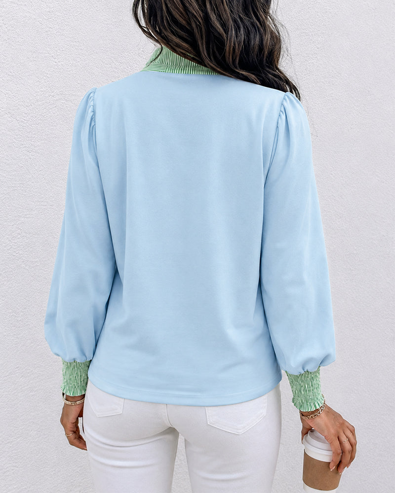 Lantern-Sleeve Shirred Contrast Blouse