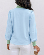 Lantern-Sleeve Shirred Contrast Blouse