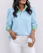 Lantern-Sleeve Shirred Contrast Blouse