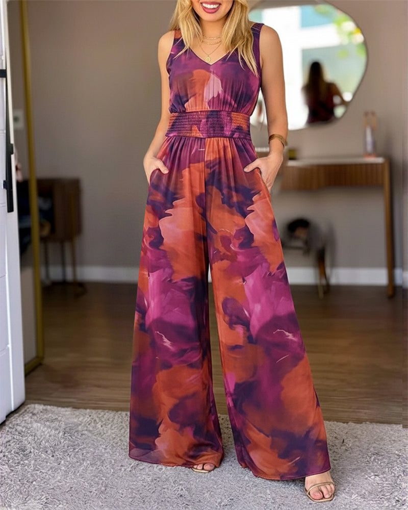 Tie-Dye V-Neck Backless Jumpsuit