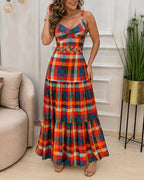 Colorblock Plaid V-Neck Maxi Dress