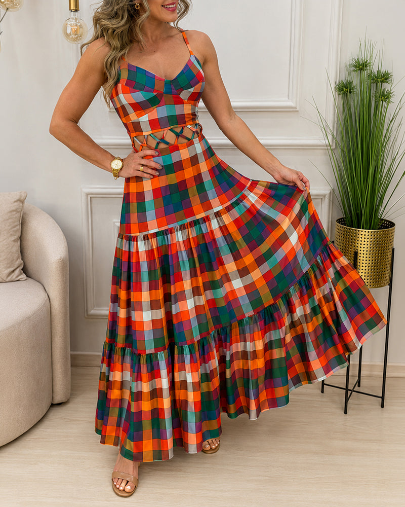 Colorblock Plaid V-Neck Maxi Dress