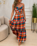 Colorblock Plaid V-Neck Maxi Dress