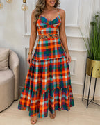 Colorblock Plaid V-Neck Maxi Dress