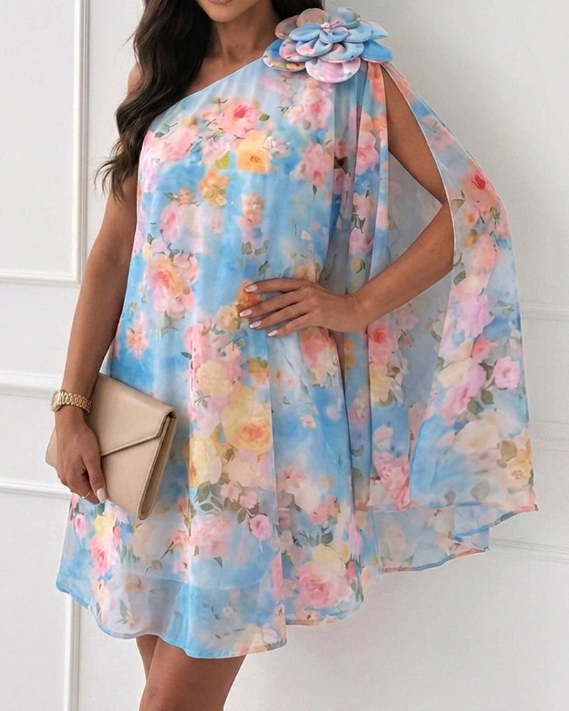 Floral Chiffon One-Shoulder Mini Dress
