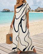 Abstract-Print One-Shoulder Slit Maxi Dress