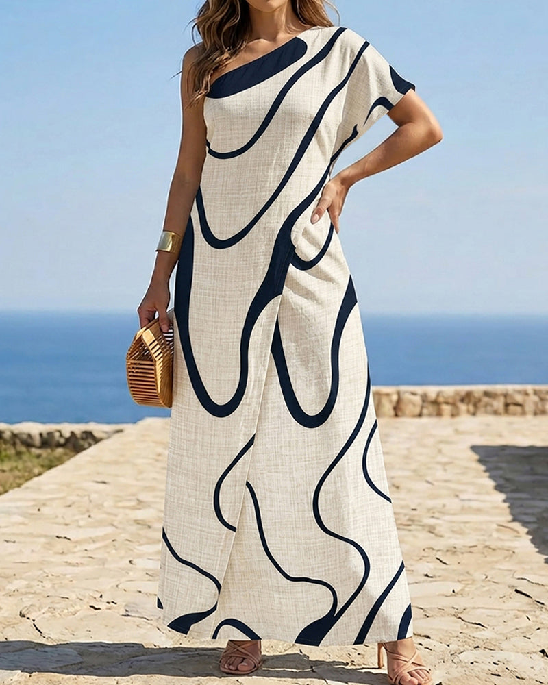 Abstract-Print One-Shoulder Slit Maxi Dress