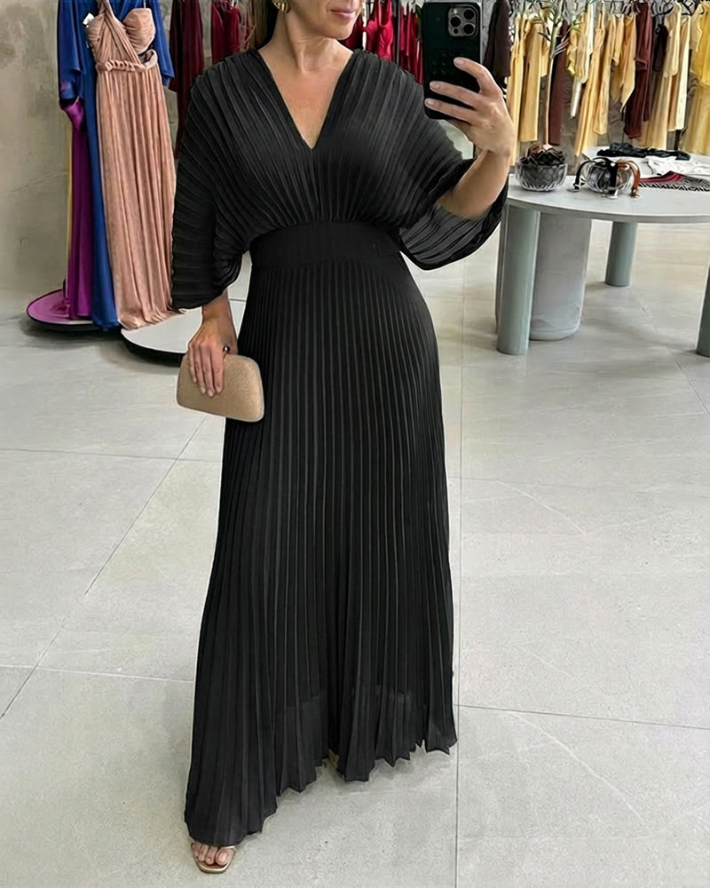 V-Neck Backless Pleated Maxi Dress