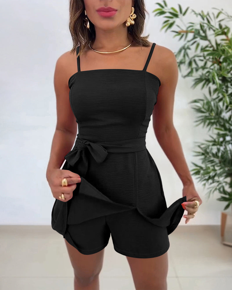 Square-Neck Shirred Slit Romper