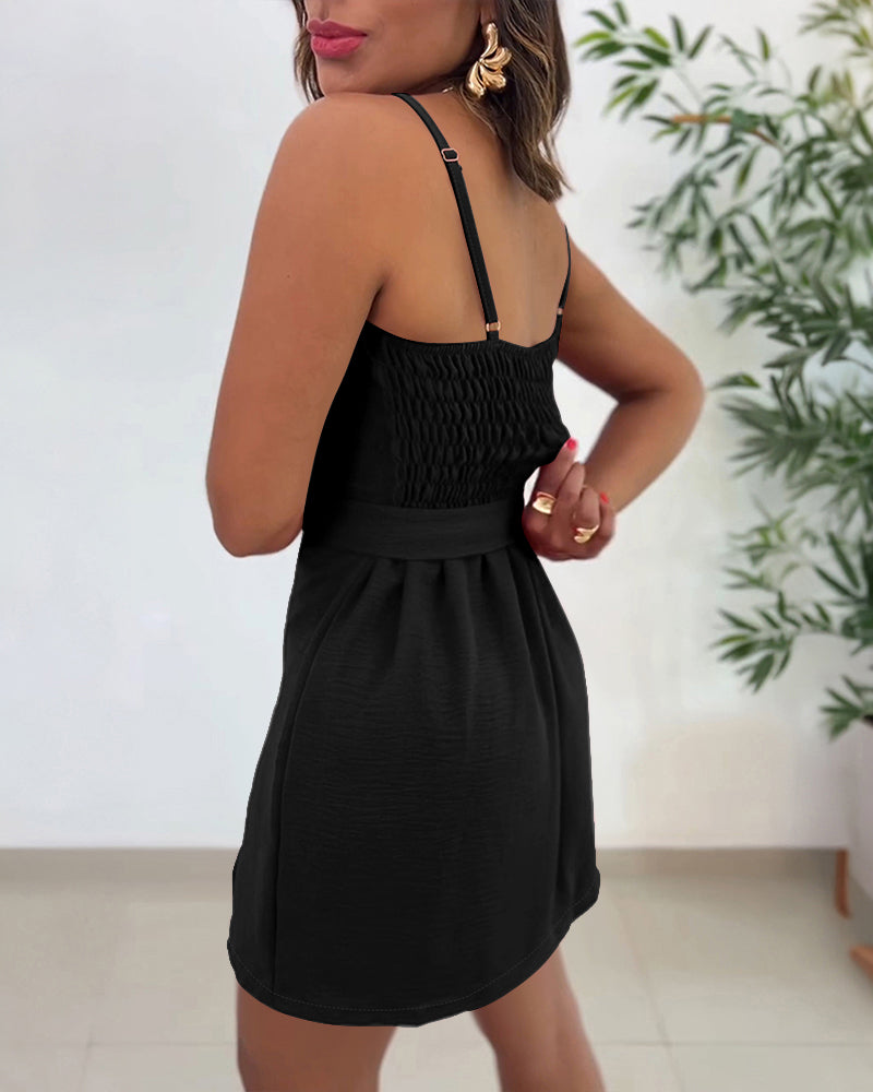 Square-Neck Shirred Slit Romper