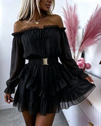 Chiffon Off-Shoulder Ruffle Mini Dress