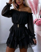 Chiffon Off-Shoulder Ruffle Mini Dress