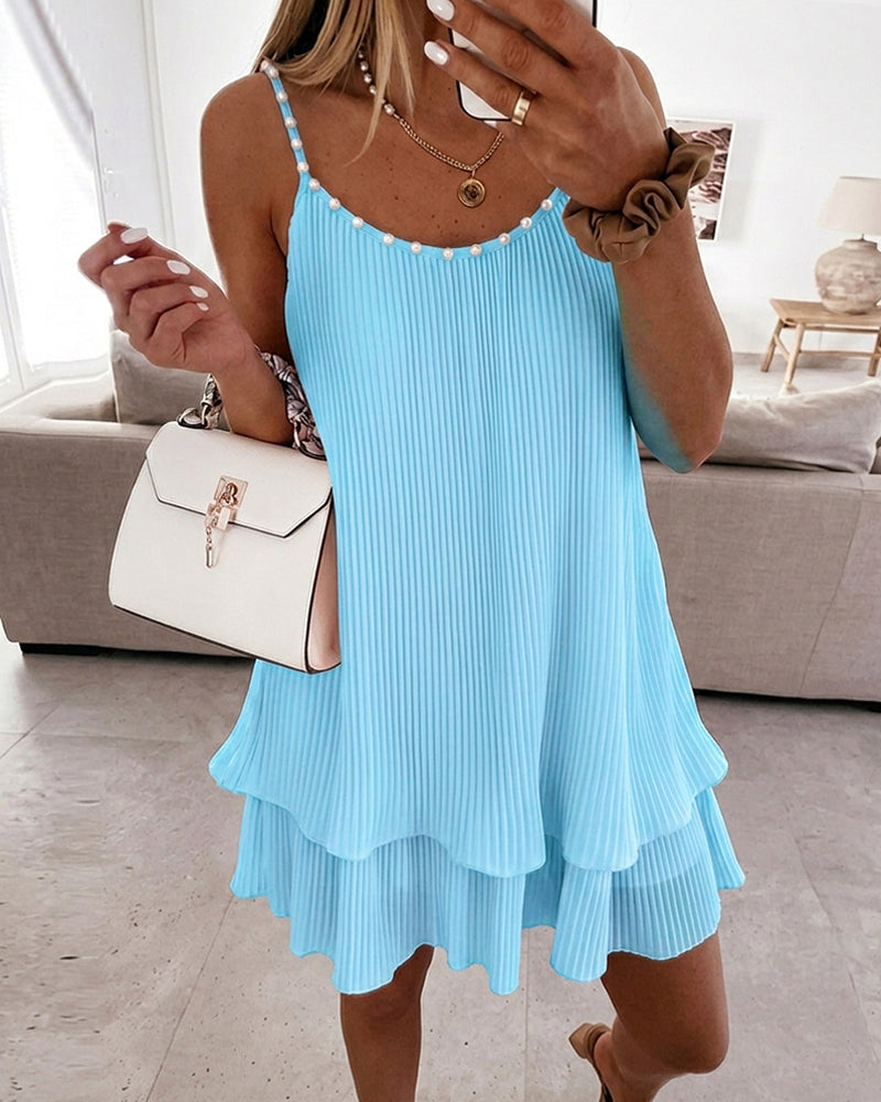 Backless Pearl Pleated Mini Dress