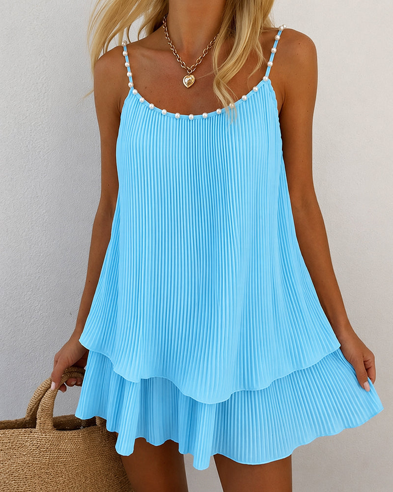 Backless Pearl Pleated Mini Dress