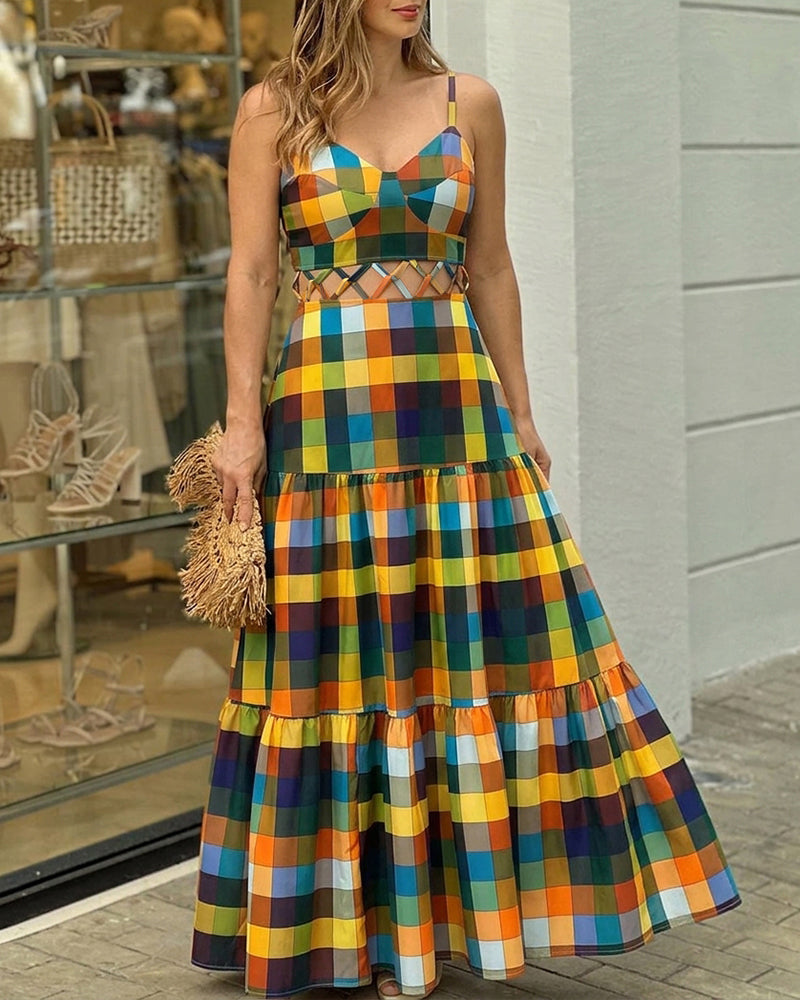 Colorblock Plaid V-Neck Maxi Dress