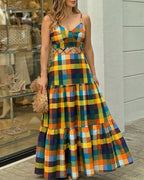 Colorblock Plaid V-Neck Maxi Dress