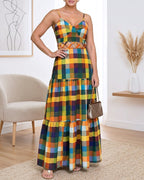 Colorblock Plaid V-Neck Maxi Dress