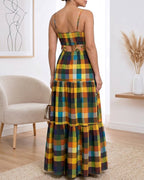 Colorblock Plaid V-Neck Maxi Dress