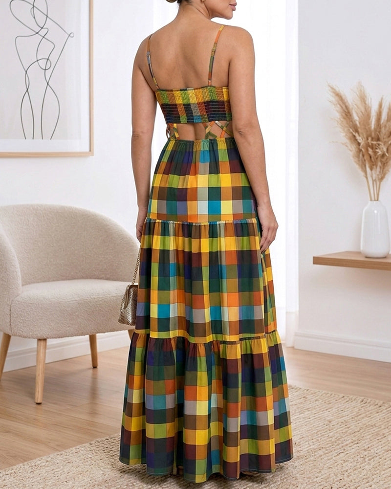Colorblock Plaid V-Neck Maxi Dress