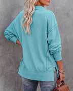 Snap-Button Drop-Shoulder Slit Sweatshirt