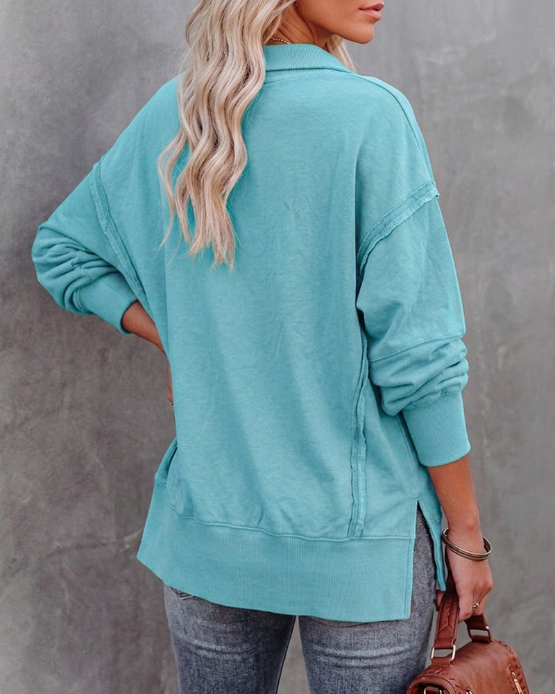 Snap-Button Drop-Shoulder Slit Sweatshirt