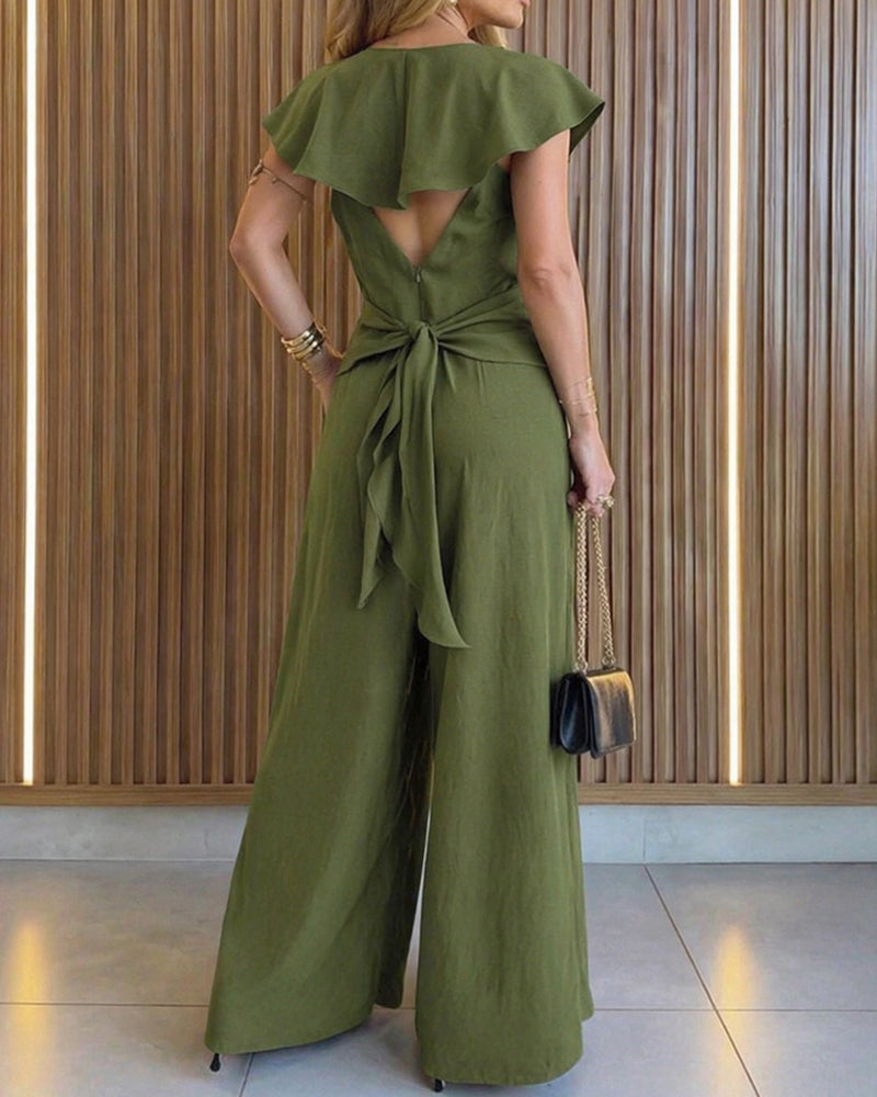 V-Neck Backless Ruffle Jumpsuit