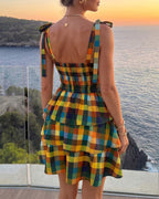 Colorblock Plaid Backless Mini Dress