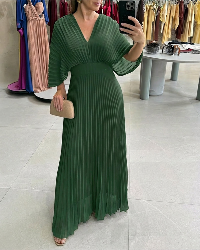 V-Neck Backless Pleated Maxi Dress