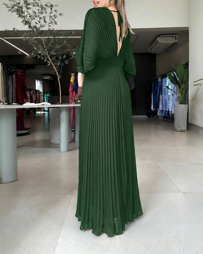 V-Neck Backless Pleated Maxi Dress