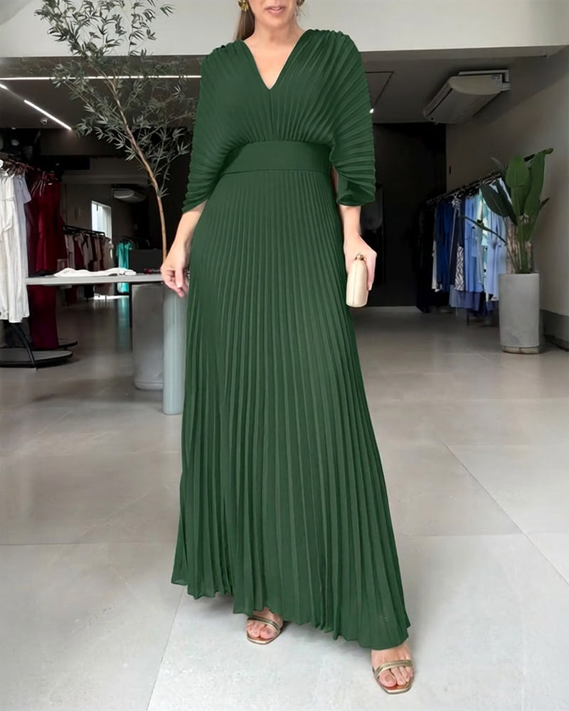 V-Neck Backless Pleated Maxi Dress