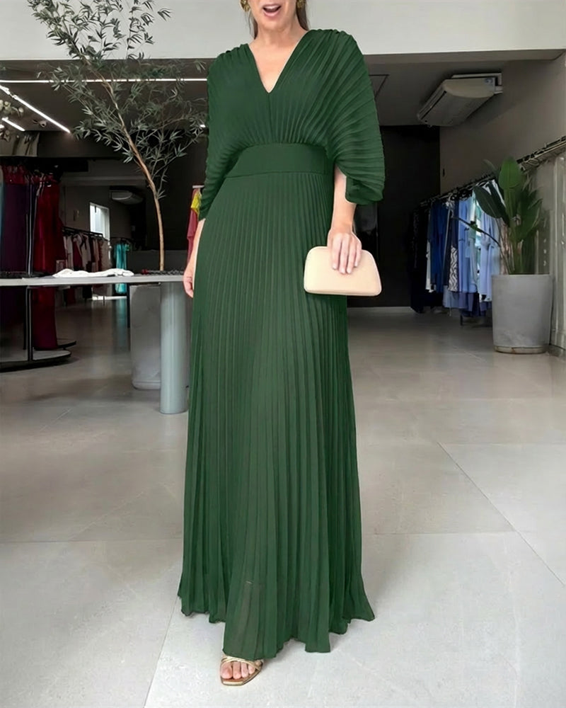 V-Neck Backless Pleated Maxi Dress