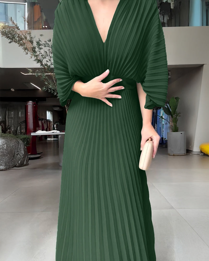 V-Neck Backless Pleated Maxi Dress