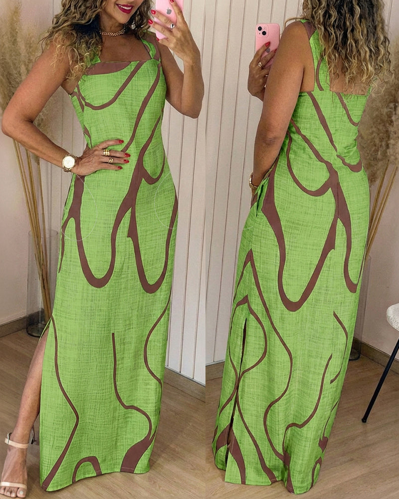 Abstract-Print Square-Neck Slit Maxi Dress