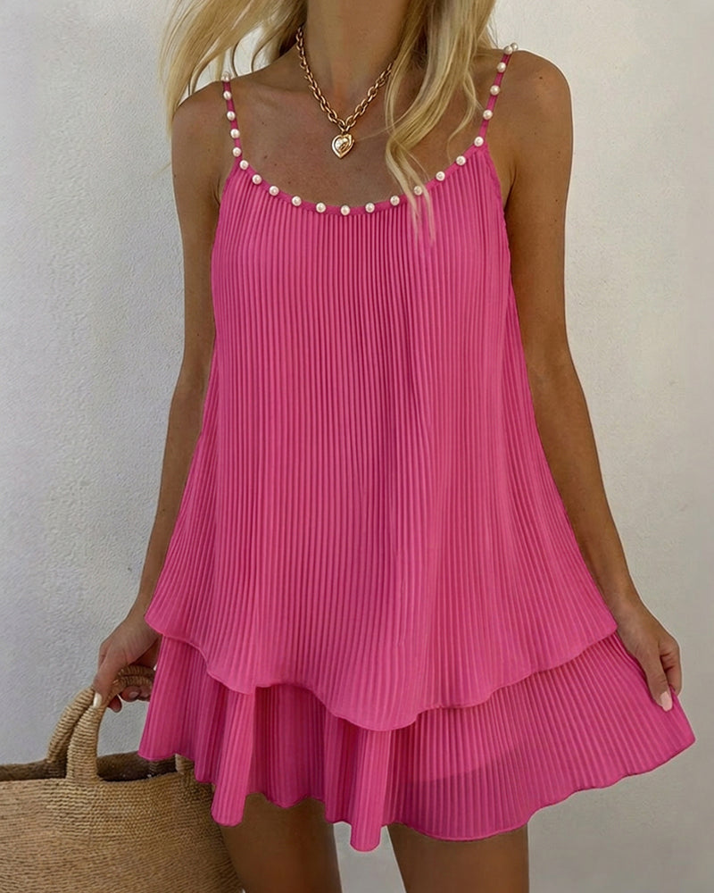 Backless Pearl Pleated Mini Dress