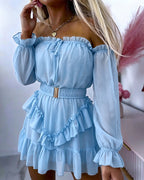 Chiffon Off-Shoulder Ruffle Mini Dress
