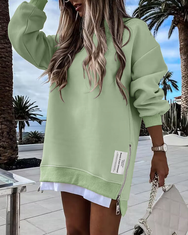 Drop-Shoulder Slit Zip Sweatshirt
