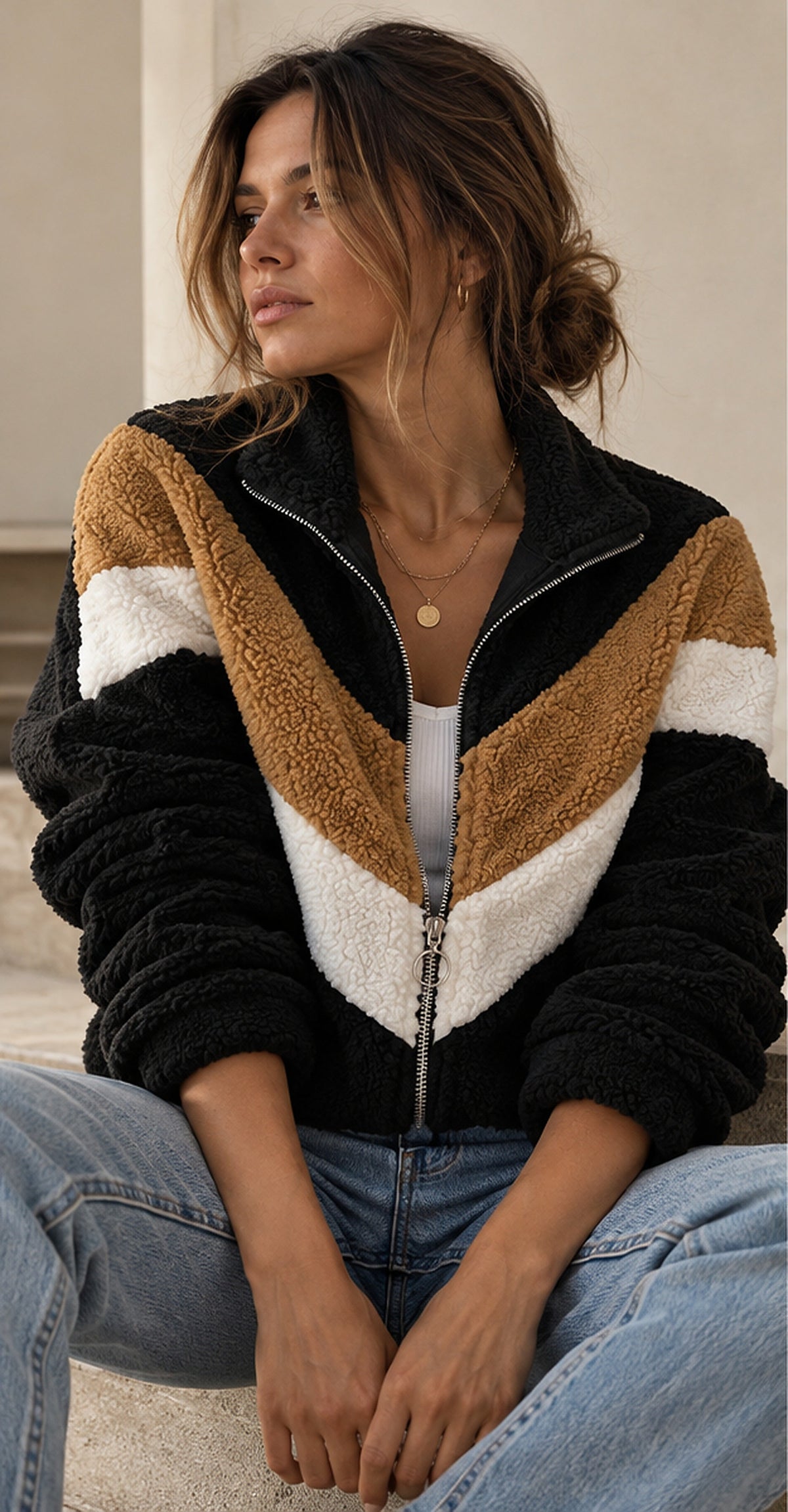 Faux Shearling Colorblock Zip-Up Coat — originele look in hogere resolutie, foto 1