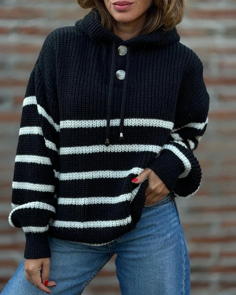 Striped Lantern-Sleeve Hooded Sweater — exact originele Black variant van Noélla Montréal